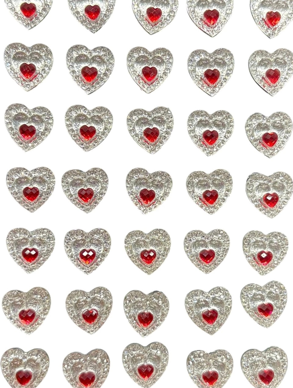 40 x Self Adhesive Heart Gems Silver With Red Coloured Center Stick on Gems