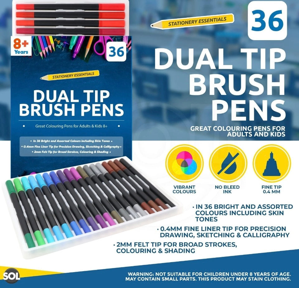 36 Dual Tip Brush Pens Drawing Set Watercolour Colouring Marker Fine Art Colour