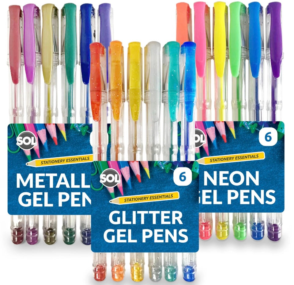 18 Pack Gel Pens Set 3 x 6pk Neon Glitter Metallic For Adult Colouring Book Kids
