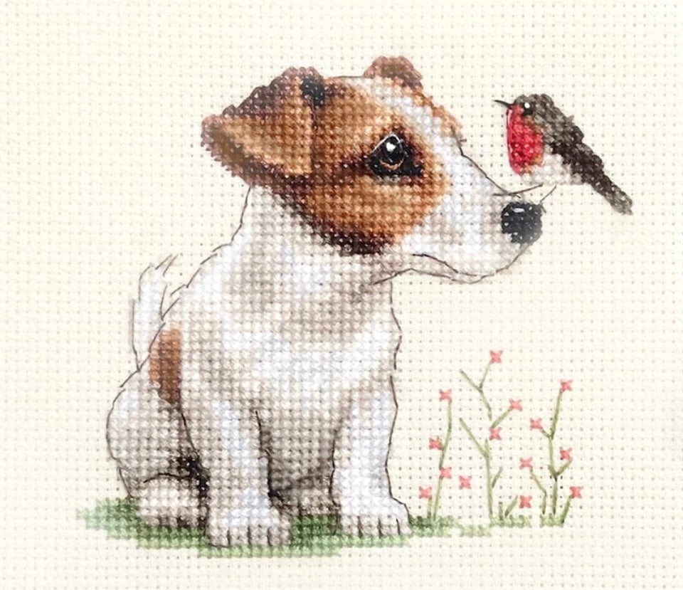 JACK RUSSELL TERRIER dog, puppy + ROBIN, Full counted cross stitch kit