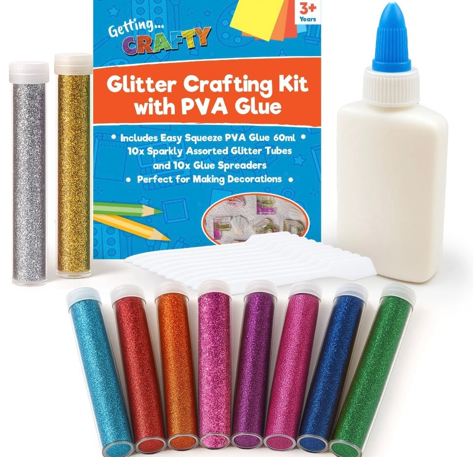 10 Assorted Colours Tubes Glitter Glue with PVA & Glue Spreader
