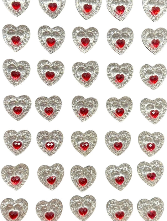 40 x Self Adhesive Heart Gems Silver With Red Coloured Center Stick on Gems