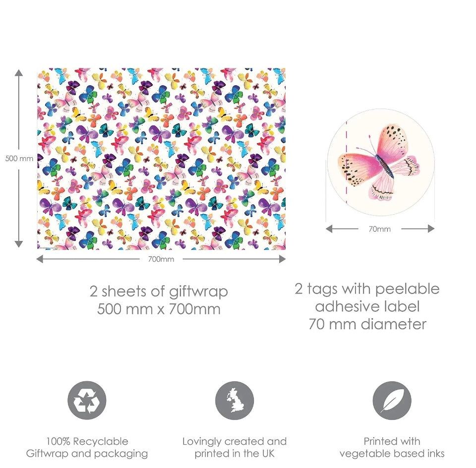 Wrapping Paper 12366AButterflies Gift Wrap Pack with 2 Sheets & 2 Tags