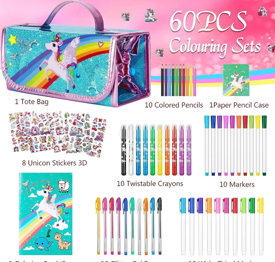 Unicorn Gifts for Girls Arts Crafts Set 60pcs Pencil Case Colouring Kit