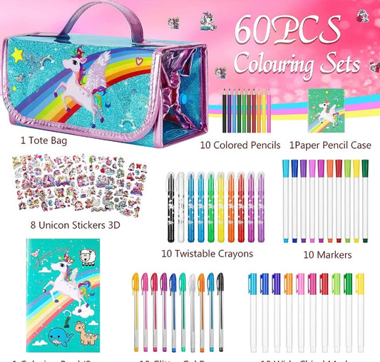 Unicorn Gifts for Girls Arts Crafts Set 60pcs Pencil Case Colouring Kit
