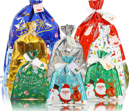 Christmas Drawstring Gift Bags - 15Pcs With 8 Styles, 4 Sizes, 16 Tags -