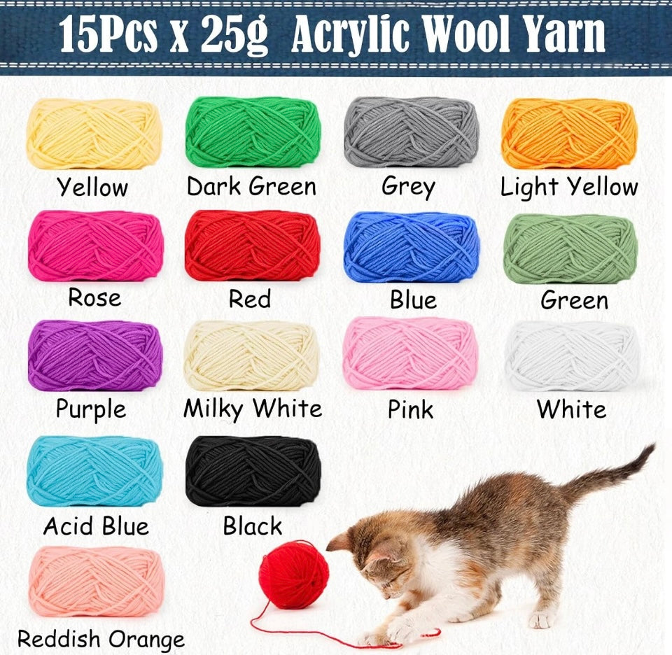 Acrylic Crochet Yarn 15 Colours x 25g Soft Knitting Wool Set for Beginners & Adults