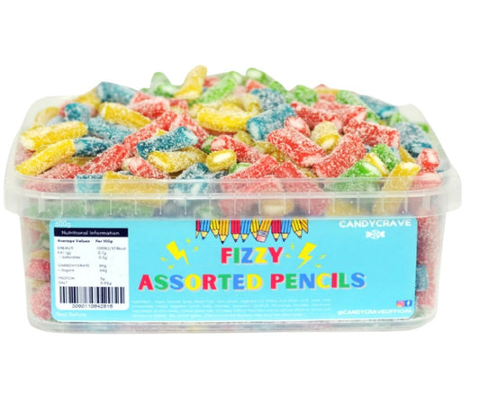 Candycrave Gummy Fizzy Assorted Pencils Party Sweets Tubs 600g