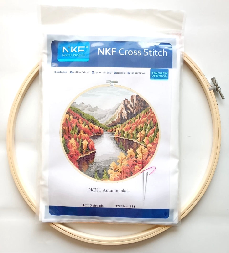 Autumn Lake Unprinted 11 Count Cross Stitch Kit & Hoop Aida Size 37x37cm