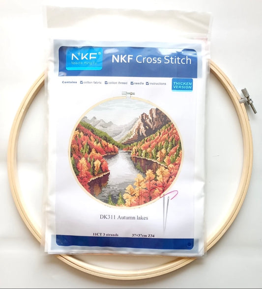 Autumn Lake Unprinted 11 Count Cross Stitch Kit & Hoop Aida Size 37x37cm