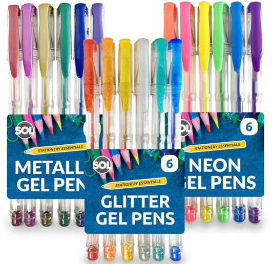 18 Pack Gel Pens Set 3 x 6pk Neon Glitter Metallic For Adult Colouring Book Kids