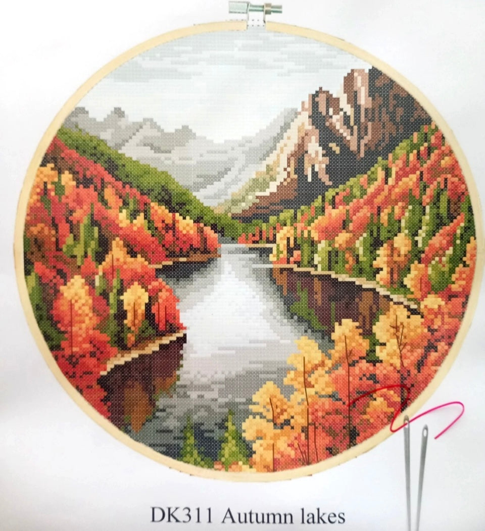 Autumn Lake Unprinted 11 Count Cross Stitch Kit & Hoop Aida Size 37x37cm