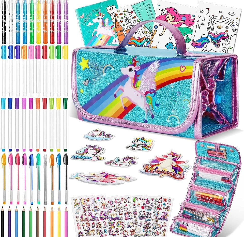 Unicorn Gifts for Girls Arts Crafts Set 60pcs Pencil Case Colouring Kit