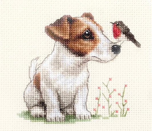 JACK RUSSELL TERRIER dog, puppy + ROBIN, Full counted cross stitch kit