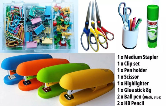 Stapler, Pen Holder, Clips & Pins Scissors Pens Office Essentials Stationery Set
