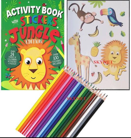 Children's Kid's COLOURING ACTIVITY Book JUNGLE 100 STICKERS + 18 PENCILS