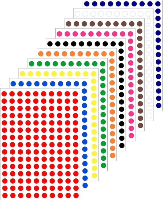 Sticky Dots 3000, Coloured Dot Stickers, 10mm Round 3000 Pack, 10 Colours