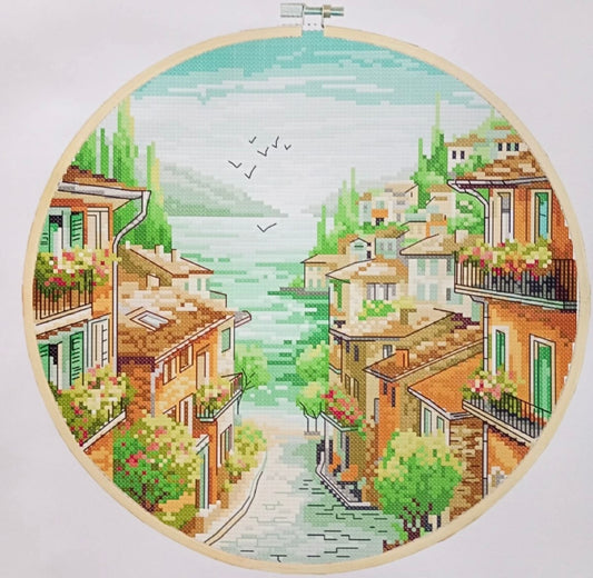 Summer Streets Unprinted 11 Count Cross Stitch Kit & Hoop Aida Size 37x37cm