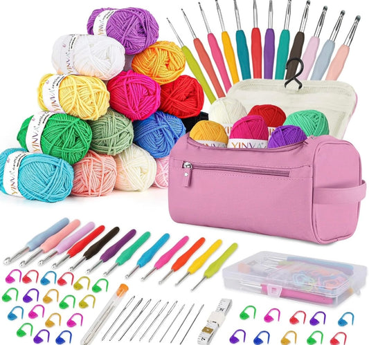 Crochet Kit for Beginners Adults, 90Pc Set 15 Yarns, 12 Hooks, Tools & Bag Pink