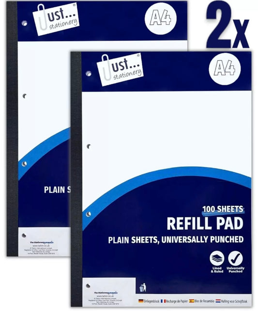 2 x A4 Plain Refill Pad 100 Page Paper Notepad Notebook Sidebound 54gsm Book