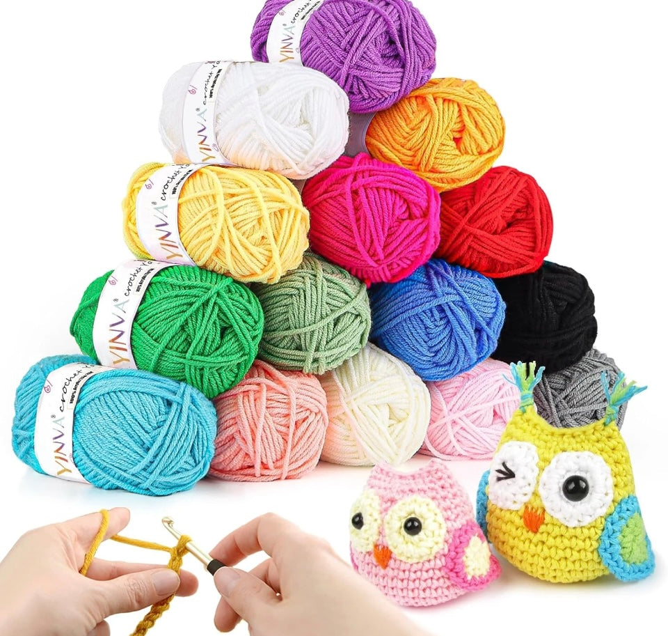 Acrylic Crochet Yarn 15 Colours x 25g Soft Knitting Wool Set for Beginners & Adults