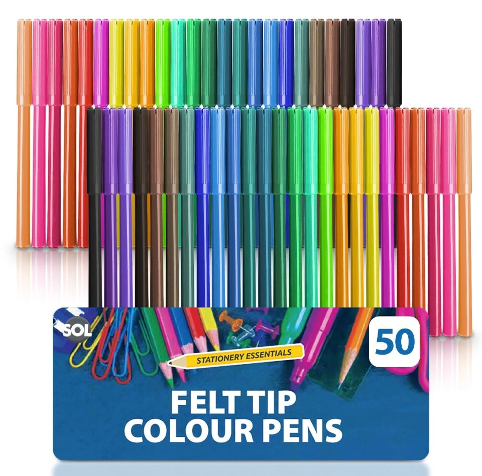SOL 50 Felt Tip Colour Pens Bright Smooth Writing Drawing Colouring Art Set