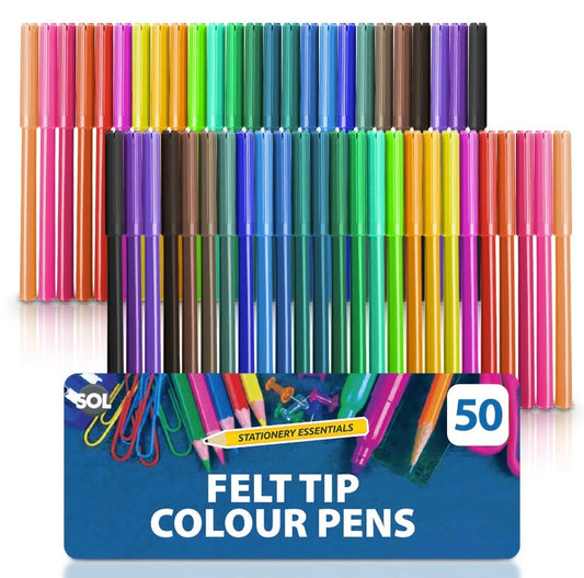 SOL 50 Felt Tip Colour Pens Bright Smooth Writing Drawing Colouring Art Set