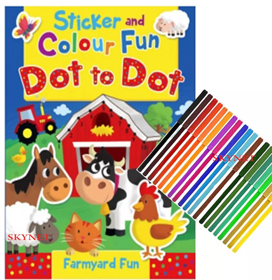 CHILDRENS KIDS DOT TO DOT COLOURING BOOK ACTIVITY FARMYARD FUN + FELT TIP PENS