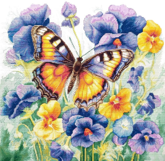 Butterfly With Pansies - 14 Count Cross Stitch Kit - Aida Size 48 x 48cm