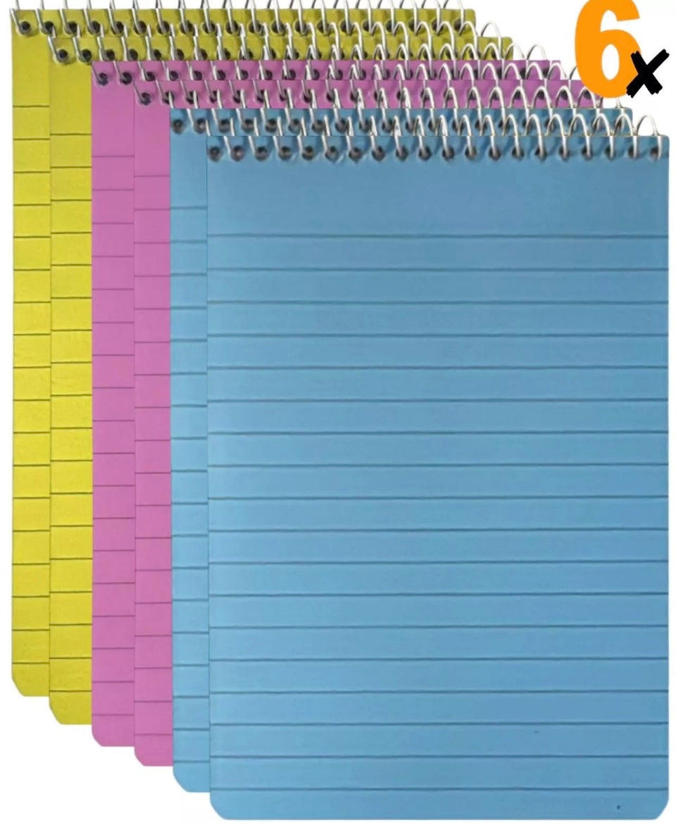 6 Neon NOTE PADS Neon Spiral Bound Ruled Lined 100x150mm Plastic Cover Notebooks