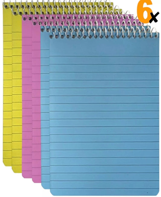 6 Neon NOTE PADS Neon Spiral Bound Ruled Lined 100x150mm Plastic Cover Notebooks
