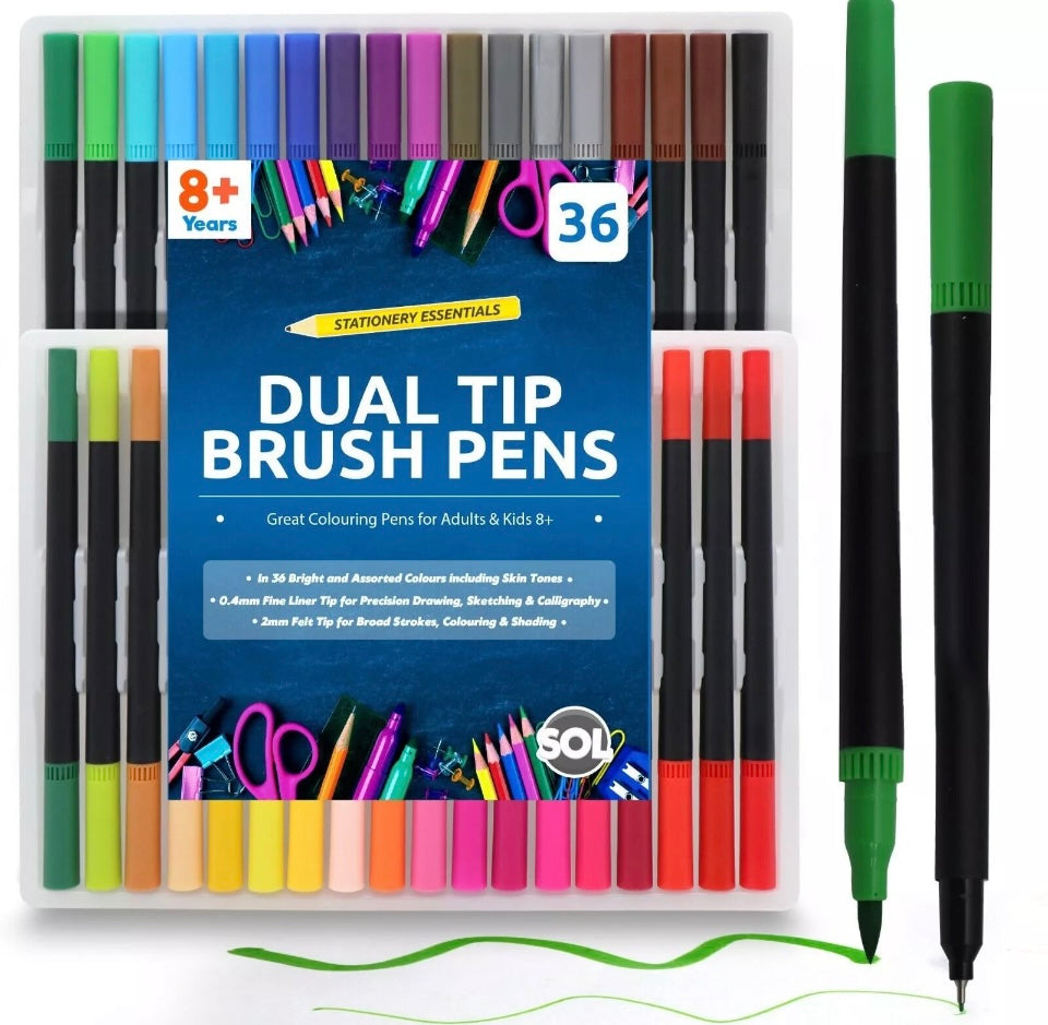36 Dual Tip Brush Pens Drawing Set Watercolour Colouring Marker Fine Art Colour
