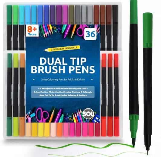 36 Dual Tip Brush Pens Drawing Set Watercolour Colouring Marker Fine Art Colour