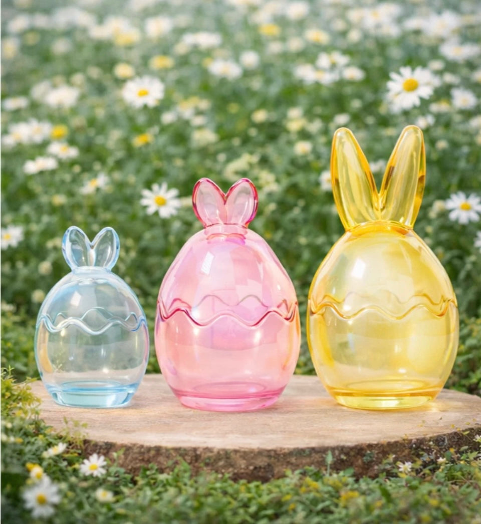 3 Easter Bunny Sweets Jars Set Colourful Glass Candy Holders Rabbit Ears