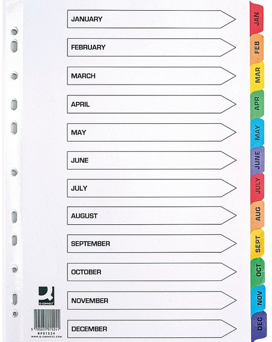 INDEX A4 FILE FOLDER SUBJECT DIVIDERS ORGANISER JAN-DEC MULTICOLOURED TAB